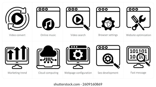 A set of 5 seo icons as video convert, online music, video search