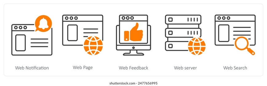 Eine Reihe von 5 Seo-Icons als Web-Benachrichtigung, Webseite, Web-Rückmeldung