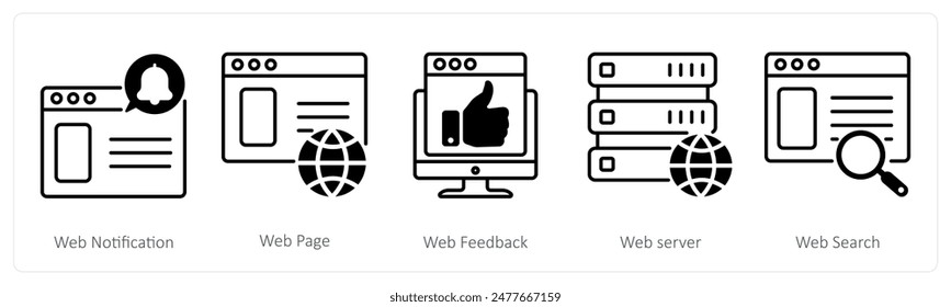 Eine Reihe von 5 Seo-Icons als Web-Benachrichtigung, Webseite, Web-Rückmeldung