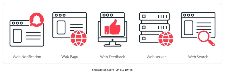 Eine Reihe von 5 Seo-Icons als Web-Benachrichtigung, Webseite, Web-Rückmeldung