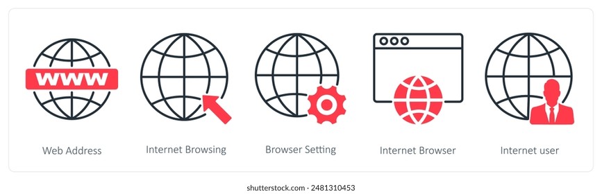 Eine Reihe von 5 Seo-Icons als Web-Adresse, Internet-Browsing, Browsing-Einstellung