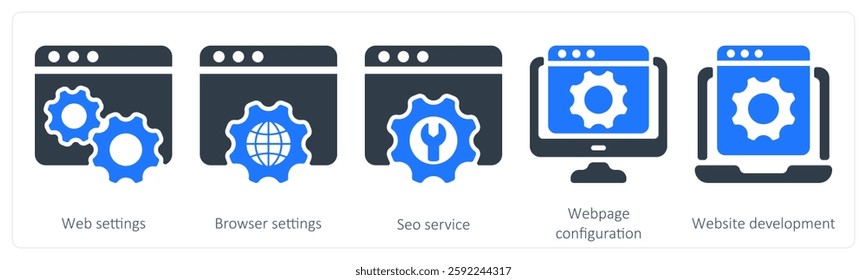 A set of 5 seo icons as web settings, browser settings, seo service