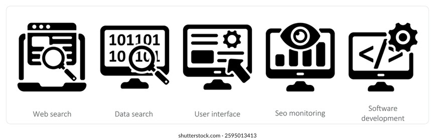 A set of 5 seo icons as web search, data search, user interface