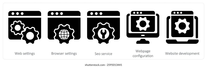 A set of 5 seo icons as web settings, browser settings, seo service