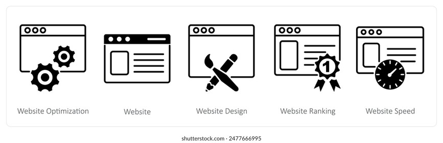 A set of 5 Seo icons as website optimization, website, website design
