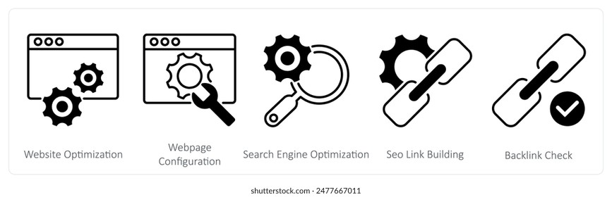 Ein Set von 5 Seo-Icons als Website-Optimierung, Website-Konfiguration, Suchmaschinen-Optimierung