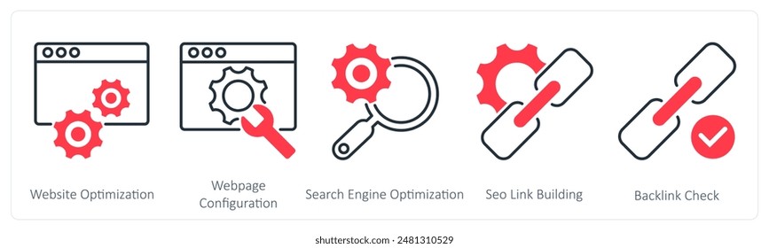 Un conjunto de 5 iconos Seo como optimización de Sitio web, configuración de Sitio web, optimización de motores de búsqueda