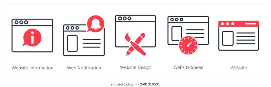 A set of 5 Seo icons as website information, web notification, website design