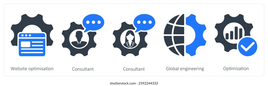 A set of 5 seo icons as website optimization, consultant, global engineering