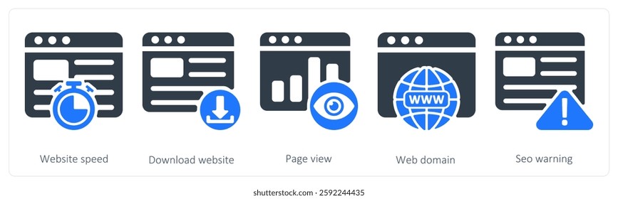 A set of 5 seo icons as website speed, download website, page view