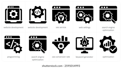 A set of 5 seo icons as website development, seo service, web settings