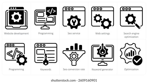 A set of 5 seo icons as website development, seo service, web settings
