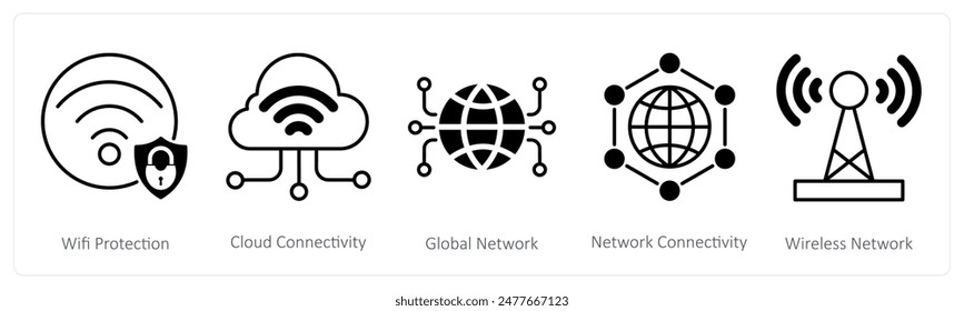 A set of 5 Seo icons as wifi protection, cloud connectivity, global network