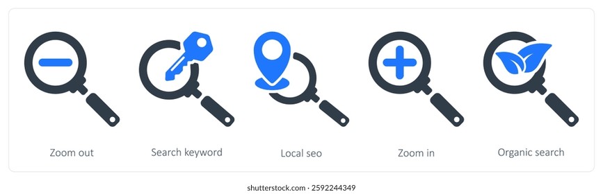 A set of 5 seo icons as zoom out, search keyword, local seo