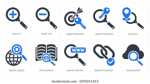 A set of 5 seo icons as zoom in, zoom out, target keywords