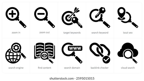 A set of 5 seo icons as zoom in, zoom out, target keywords