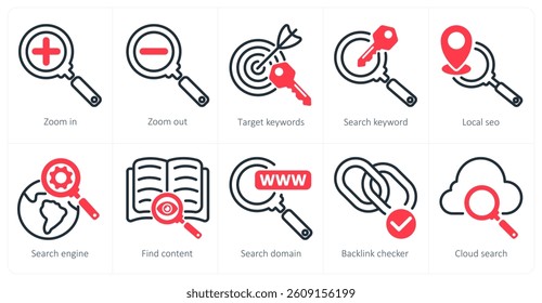 A set of 5 seo icons as zoom in, zoom out, target keywords
