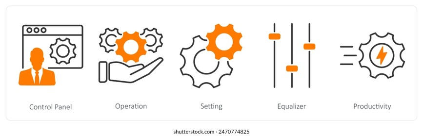 A set of 5 Settings icons as control panel, operation, setting