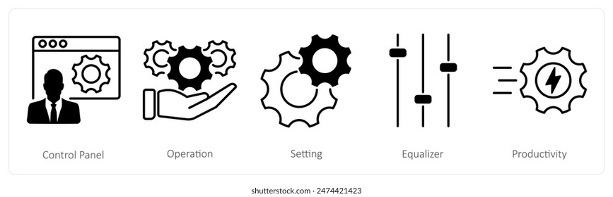 A set of 5 Settings icons as control panel, operation, setting