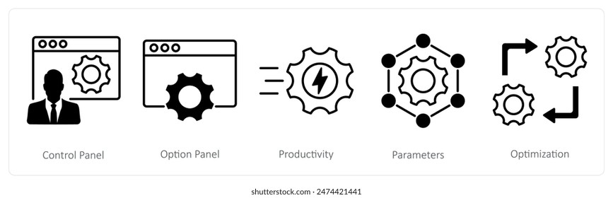 Un conjunto de 5 iconos de Configuraciones como panel de control, panel de opciones, productividad