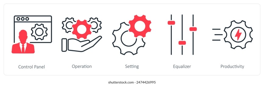 A set of 5 Settings icons as control panel, operation, setting