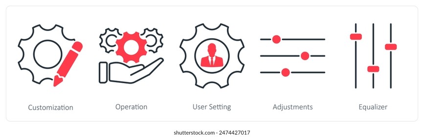 A set of 5 Settings icons as customization, operation, user setting