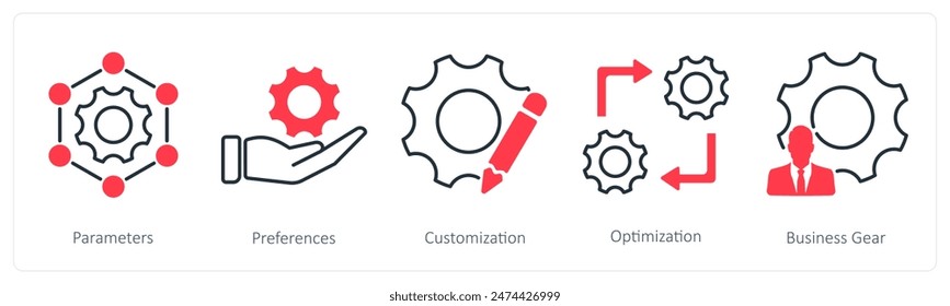 A set of 5 Settings icons as parameters, preferences, customization