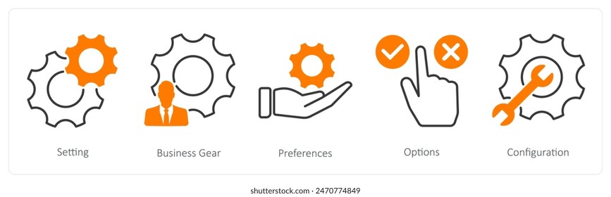 A set of 5 Settings icons as setting, business gear, preferences