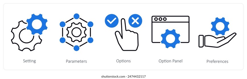Un conjunto de 5 iconos de Configuraciones como configuración, parámetros, opciones
