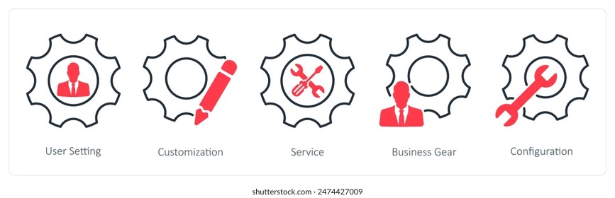 A set of 5 Settings icons as user setting, customization, service