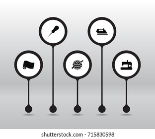 Set Of 5 Sewing Icons Set.Collection Of Roll, Flatiron, Machine And Other Elements.