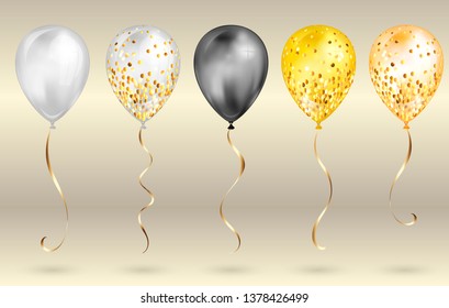 Set of 5 shiny black and gold realistic 3D helium balloons for your design. Glossy balloons with glitter and gold ribbon, perfect decoration for birthday party brochures,invitation card or baby shower