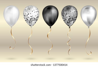 Set of 5 shiny black and white realistic 3D helium balloons for your design. Glossy balloons with glitter and gold ribbon,perfect decoration for birthday party brochures,invitation card or baby shower
