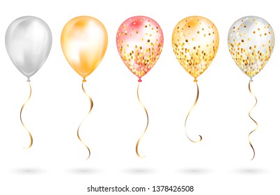 Set of 5 shiny gold and pink realistic 3D helium balloons for your design. Glossy balloons with glitter and gold ribbon, perfect decoration for birthday party brochures,invitation card or baby shower