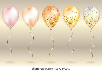 Set of 5 shiny gold realistic 3D helium balloons for your design. Glossy balloons with glitter and gold ribbon, perfect decoration for birthday party brochures, invitation card or baby shower.