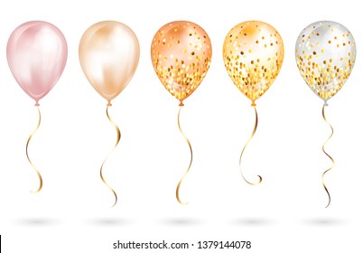 Set of 5 shiny gold realistic 3D helium balloons for your design. Glossy balloons with glitter and gold ribbon, perfect decoration for birthday party brochures, invitation card or baby shower.