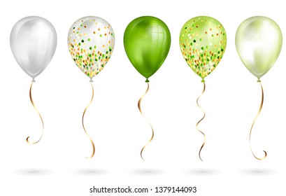 Set of 5 shiny olive green realistic 3D helium balloons for your design. Glossy balloons with glitter and gold ribbon, perfect decoration for birthday party brochures, invitation card or baby shower.