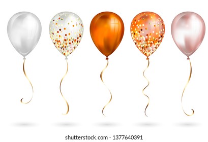 Set of 5 shiny orange and gold realistic 3D helium balloons. Glossy balloons with glitter and gold ribbon, perfect decoration for birthday party brochures, invitation card or baby shower.