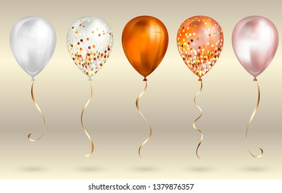 Set of 5 shiny orange and gold realistic 3D helium balloons for your design. Glossy balloons with glitter and gold ribbon,perfect decoration for birthday party brochures,invitation card or baby shower