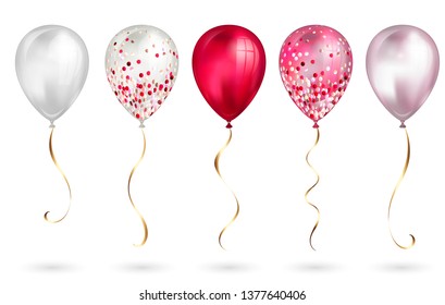 Set of 5 shiny pink realistic 3D helium balloons for your design. Glossy balloons with glitter and gold ribbon, perfect decoration for birthday party brochures, invitation card or baby shower.