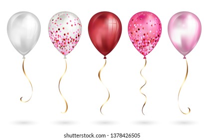 Set of 5 shiny pink realistic 3D helium balloons for your design. Glossy balloons with glitter and gold ribbon, perfect decoration for birthday party brochures, invitation card or baby shower.