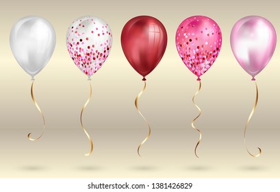 Set of 5 shiny pink realistic 3D helium balloons for your design. Glossy balloons with glitter and gold ribbon, perfect decoration for birthday party brochures, invitation card or baby shower.