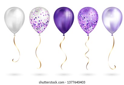 Set of 5 shiny purple realistic 3D helium balloons for your design. Glossy balloons with glitter and gold ribbon, perfect decoration for birthday party brochures, invitation card or baby shower.