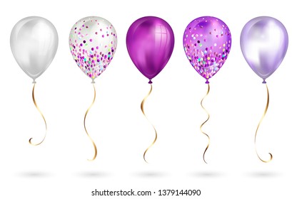 Set of 5 shiny purple realistic 3D helium balloons for your design. Glossy balloons with glitter and gold ribbon, perfect decoration for birthday party brochures, invitation card or baby shower.