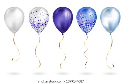 Set of 5 shiny realistic 3D blue helium balloons for your design. Glossy balloons with glitter and gold ribbon, perfect decoration for birthday party brochures, invitation card or baby shower.