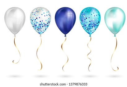 Conjunto de 5 brillantes globos de helio azul 3D realistas para su diseño. Globos brillantes con brillo y cinta dorada, decoración perfecta para folletos de cumpleaños, tarjeta de invitación o ducha de bebé.