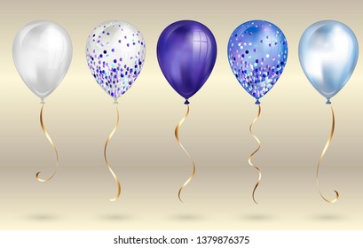 Set of 5 shiny realistic 3D blue helium balloons for your design. Glossy balloons with glitter and gold ribbon, perfect decoration for birthday party brochures, invitation card or baby shower.