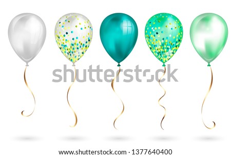 Set of 5 shiny realistic 3D teal helium balloons for your design. Glossy balloons with glitter and gold ribbon, perfect decoration for birthday party brochures, invitation card or baby shower.