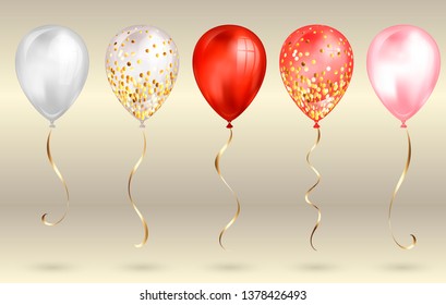 Set of 5 shiny red and gold realistic 3D helium balloons for your design. Glossy balloons with glitter and gold ribbon, perfect decoration for birthday party brochures, invitation card or baby shower.