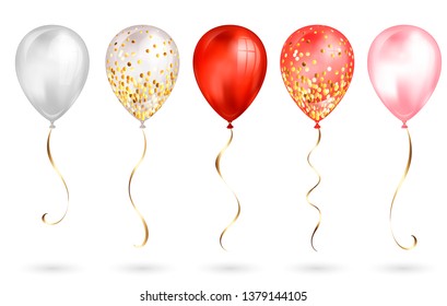 Set of 5 shiny red and gold realistic 3D helium balloons for your design. Glossy balloons with glitter and gold ribbon, perfect decoration for birthday party brochures, invitation card or baby shower.